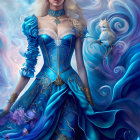 Fantasy-inspired woman with flowing hair in misty blue setting