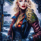 Blonde Woman in Leather Jacket in Futuristic Workshop