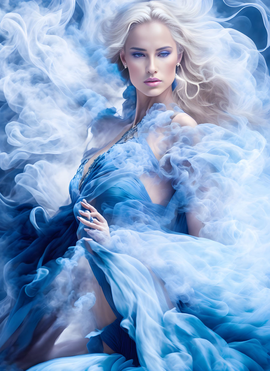 Blonde woman in blue smoke with billowing dress