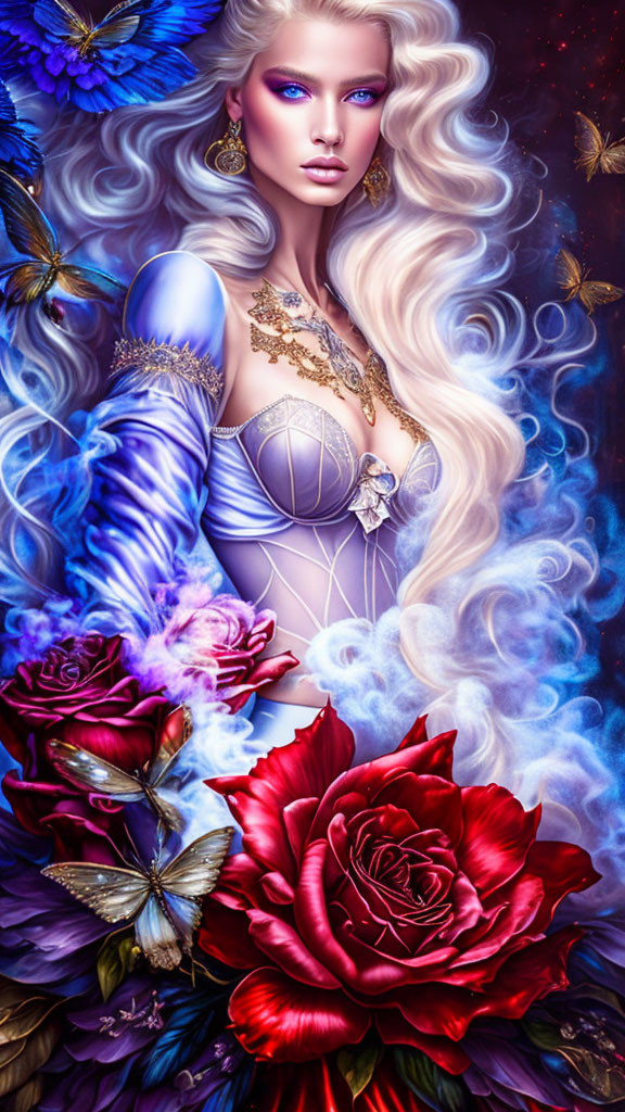 Fantasy illustration of woman with white hair, blue eyes, purple dress, red roses, and blue