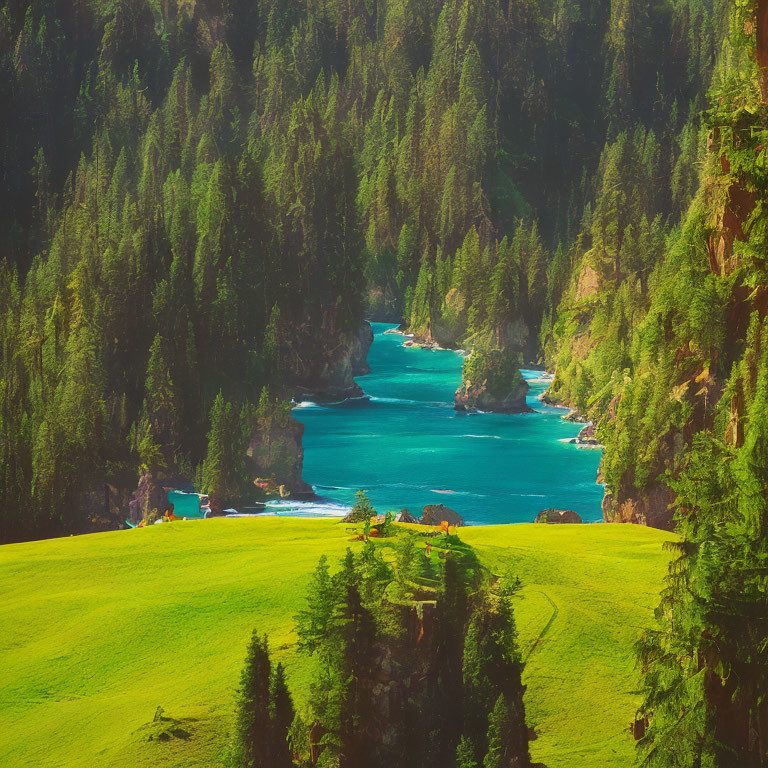 Scenic green meadow with turquoise river and pine-covered cliffs