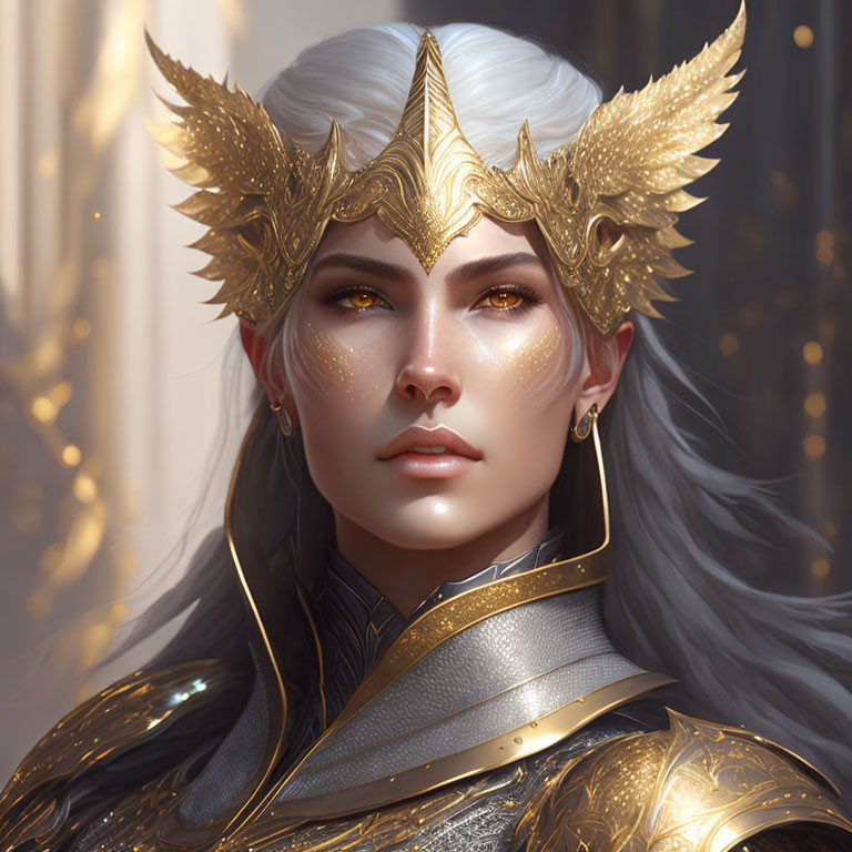 Silver-haired person in golden armor with winged helmet and shoulder pads, fantasy portrait.