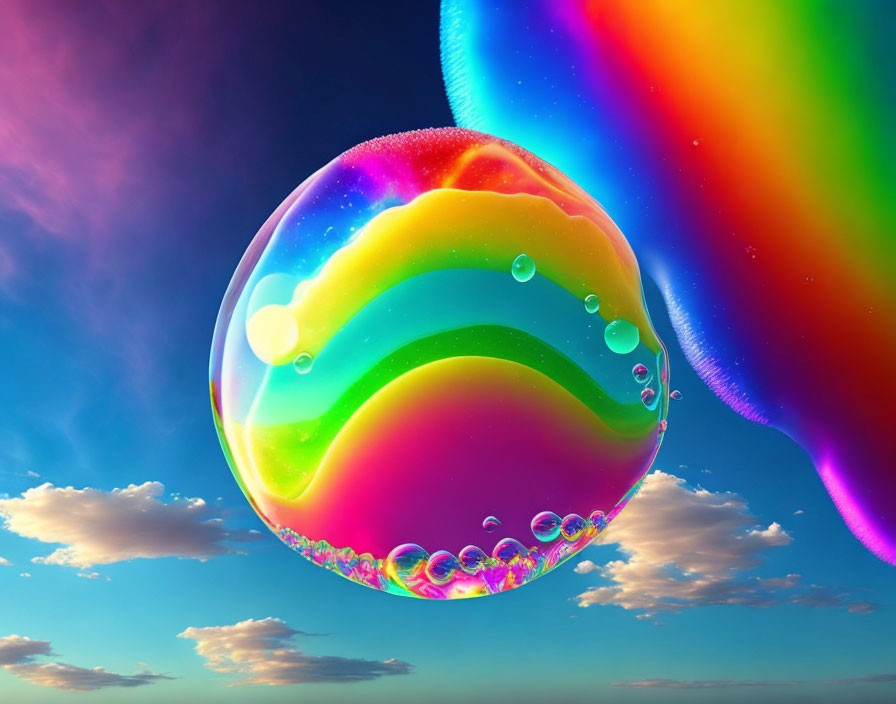 Colorful soap bubble against surreal sky with rainbow structure