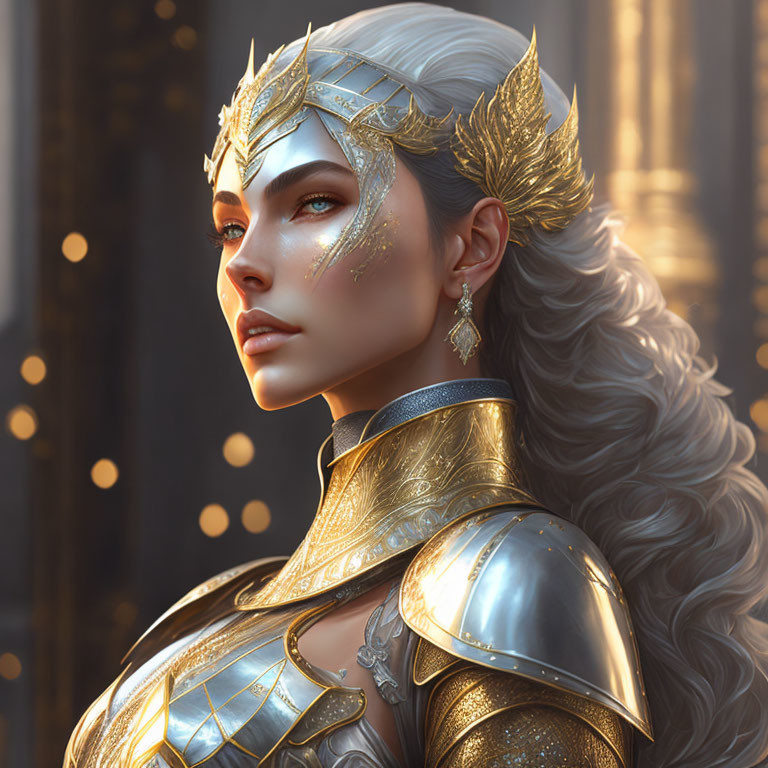 Regal warrior woman in golden armor with winged helmet.