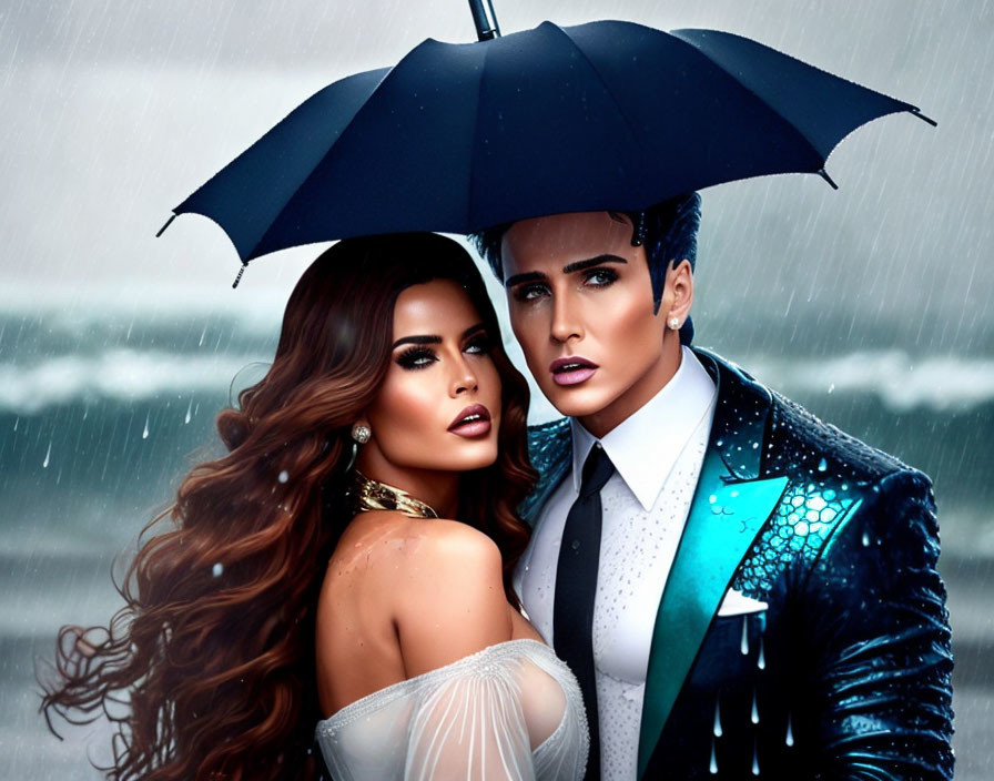 Elegant couple in blue suit and white dress under black umbrella in rain