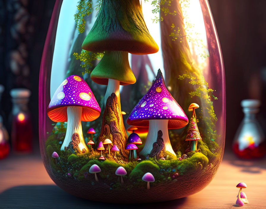 Colorful Terrarium with Glowing Mushrooms and Potion Bottles