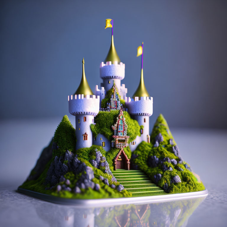 Miniature fairy tale castle on grassy hill with turrets and flags