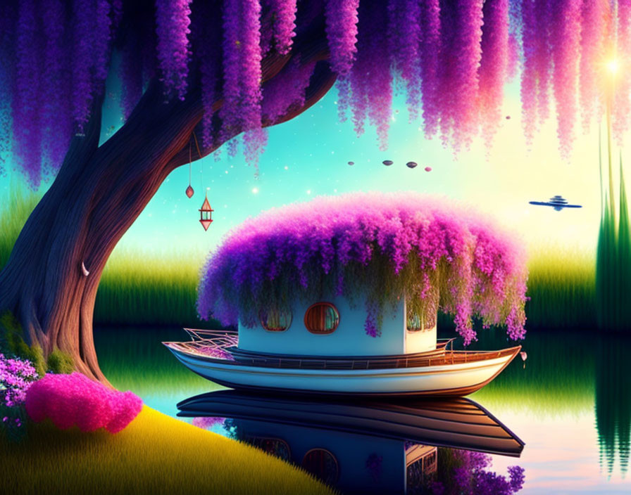 Illustration: Houseboat under purple wisteria tree by serene river at twilight