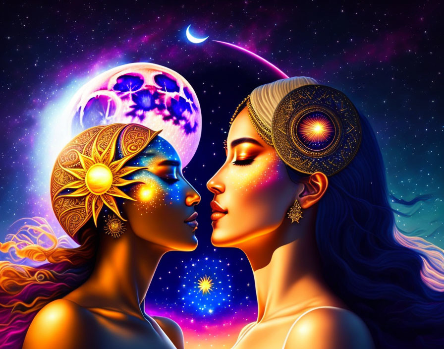 Stylized women with ornate headpieces in cosmic setting