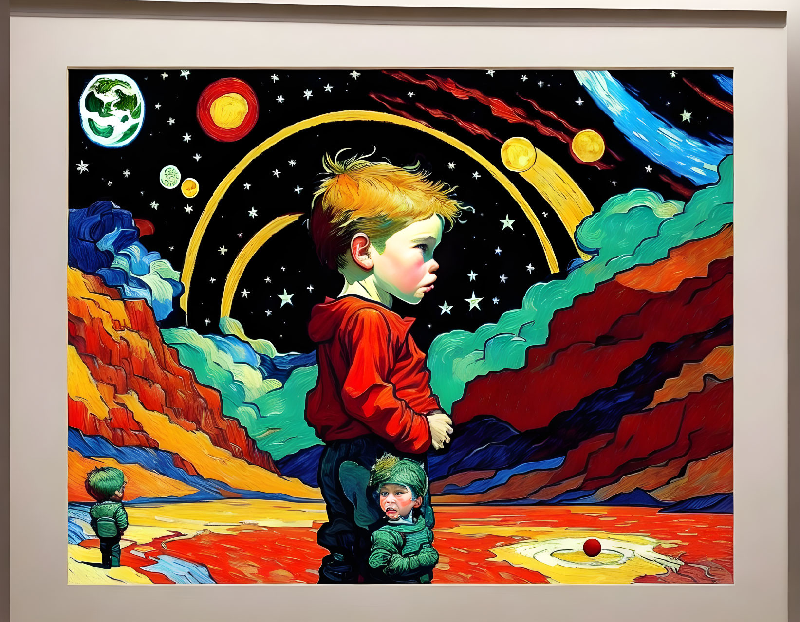 Colorful painting of child in cosmic landscape with planets and stars.