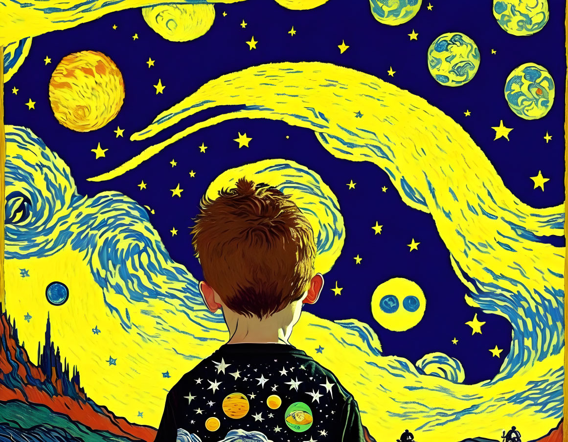 Child admires vibrant night sky with whimsical stars and swirling patterns