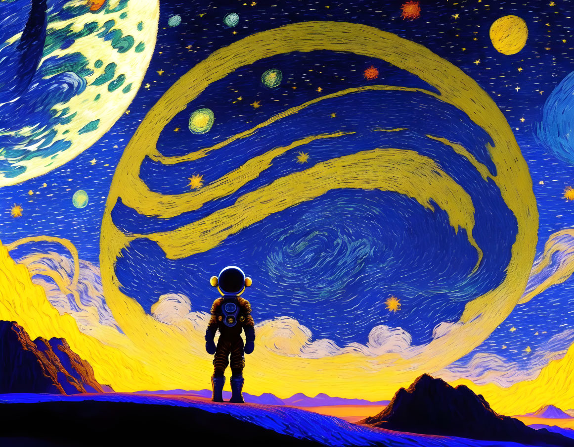 Astronaut on alien planet under starry sky with galaxies, planets, and crescent moon