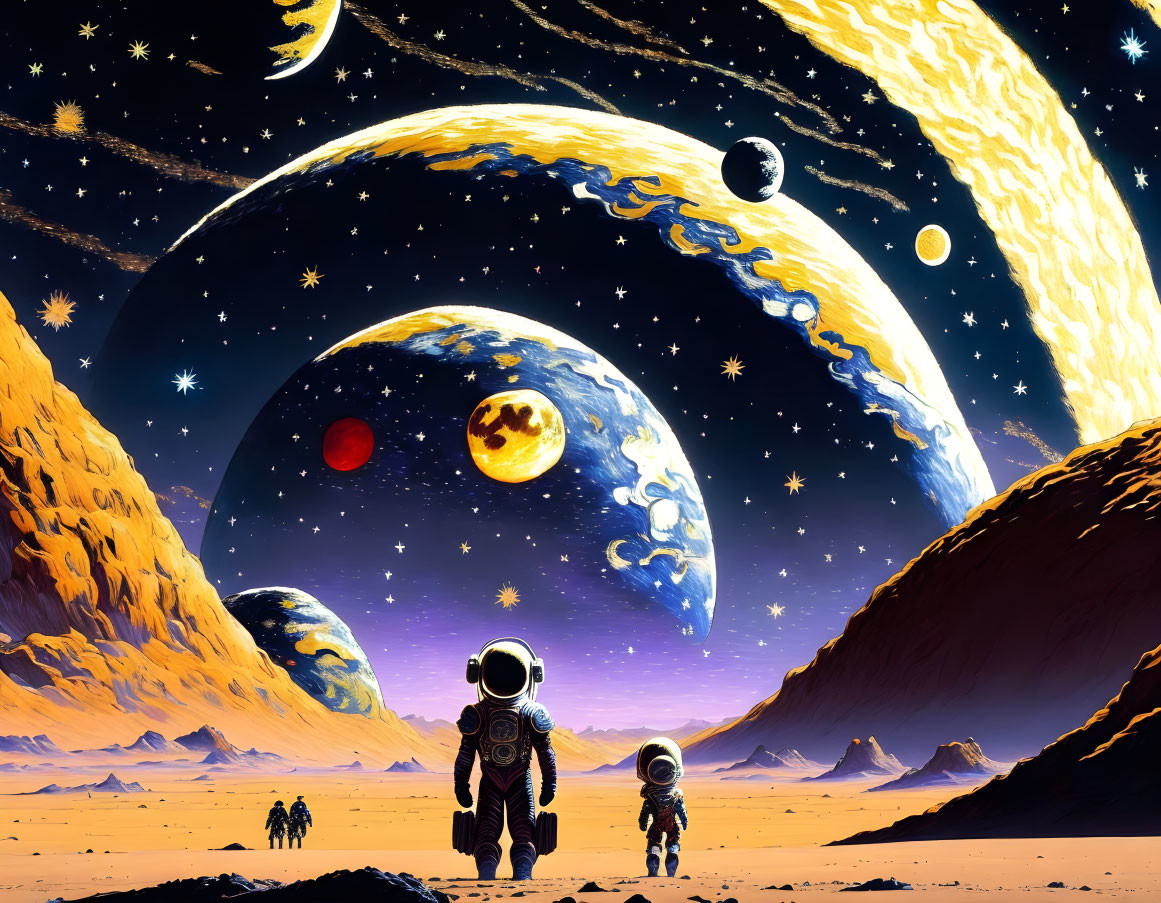 Astronaut pair on alien desert with giant planets, moons, and ring system in sky