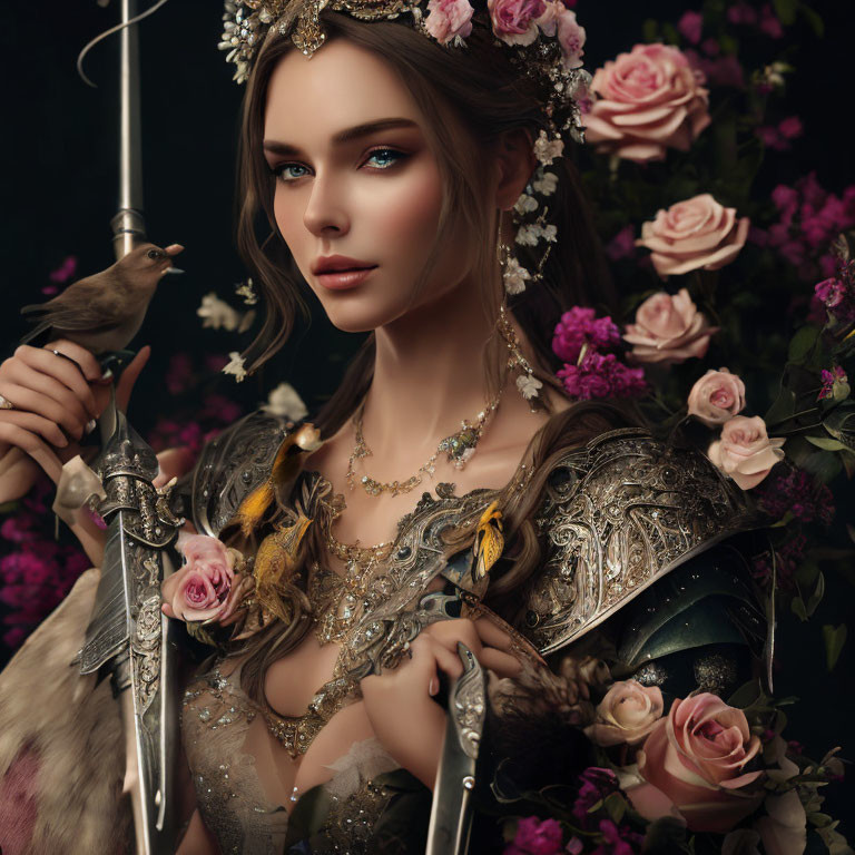 Fantasy warrior woman with blue eyes, floral jewelry, sword, bird, and roses.