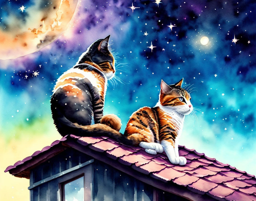 Two Cats on House Roof Under Starry Night Sky