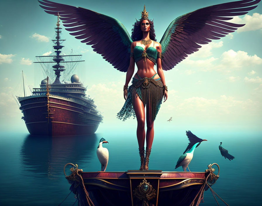 Winged woman on ship's prow with birds, serene sea & vintage ship