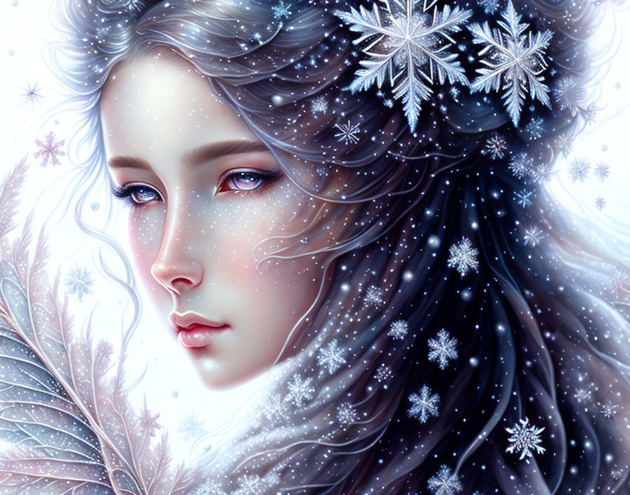 Winter-themed digital art portrait of a woman with snowflake hair adornments in cool blue and white palette