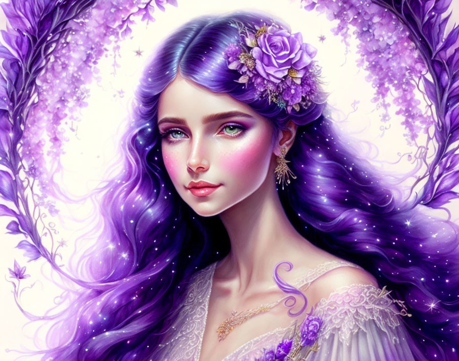 Illustration: Woman with flowing purple hair and floral wreath, emitting fantastical vibes