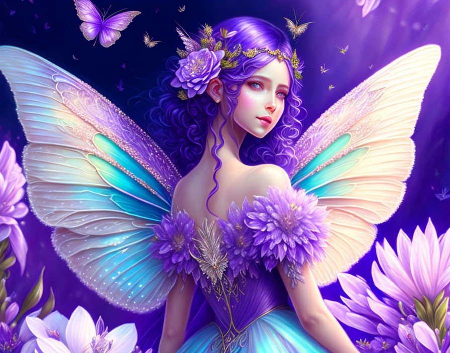 Fantastical fairy with multicolored wings in a floral setting