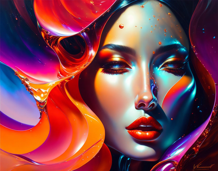 Colorful digital art: Woman's face with swirling, glossy droplets