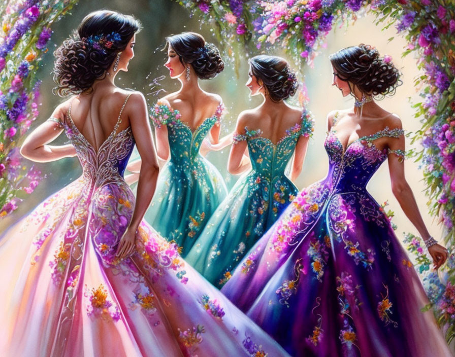 Four women in purple and blue floral ball gowns in a blooming garden