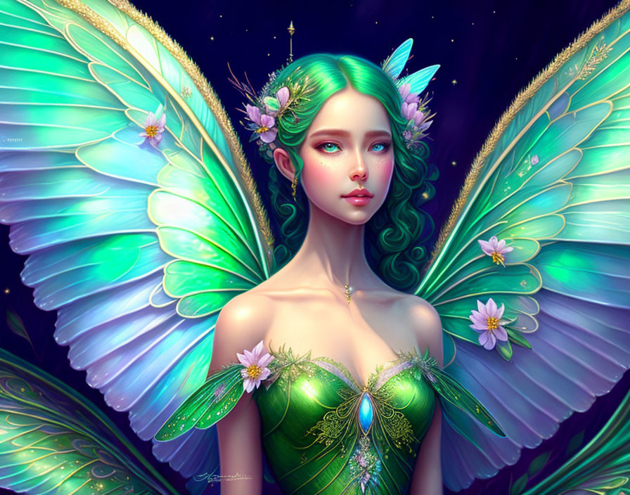 Fantasy digital artwork: Female character with green hair, butterfly wings, and floral decorations