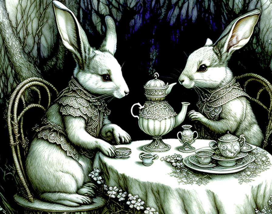 Anthropomorphic rabbits in intricate attire having tea in forest setting