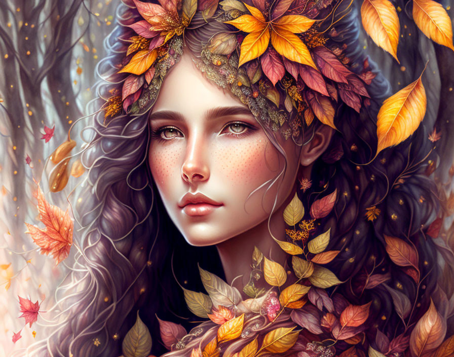 Digital artwork: Woman with autumn leaves in curly hair, mystical aura and nature-inspired adornments.