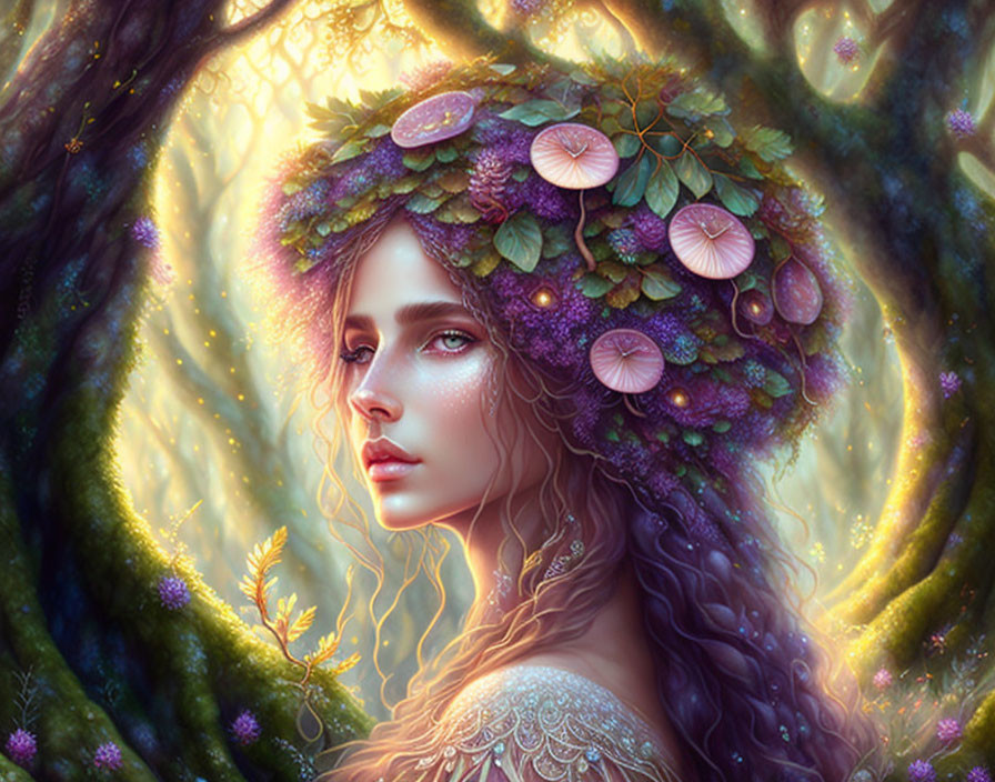 Digital artwork of woman with nature-inspired hair and mushroom crown