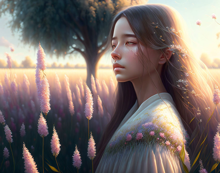 Girl with Long Hair in Pink Flower Field at Sunset