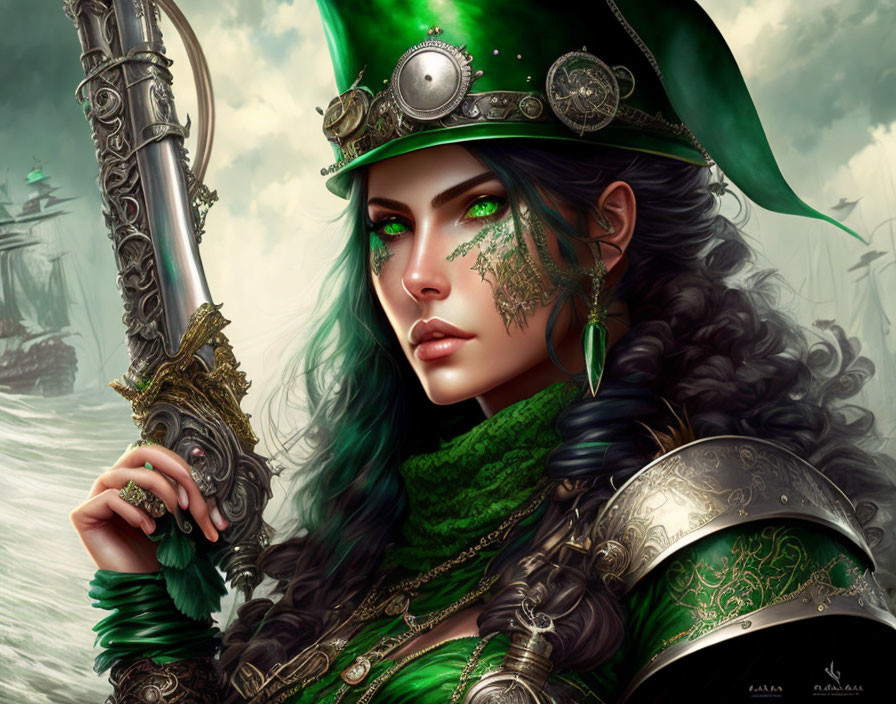 Digital artwork of woman in green attire with saber, intricate jewelry, sailing ships background