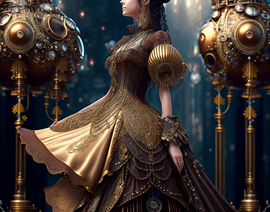 Elaborate steampunk gown with gold details in fantastical setting