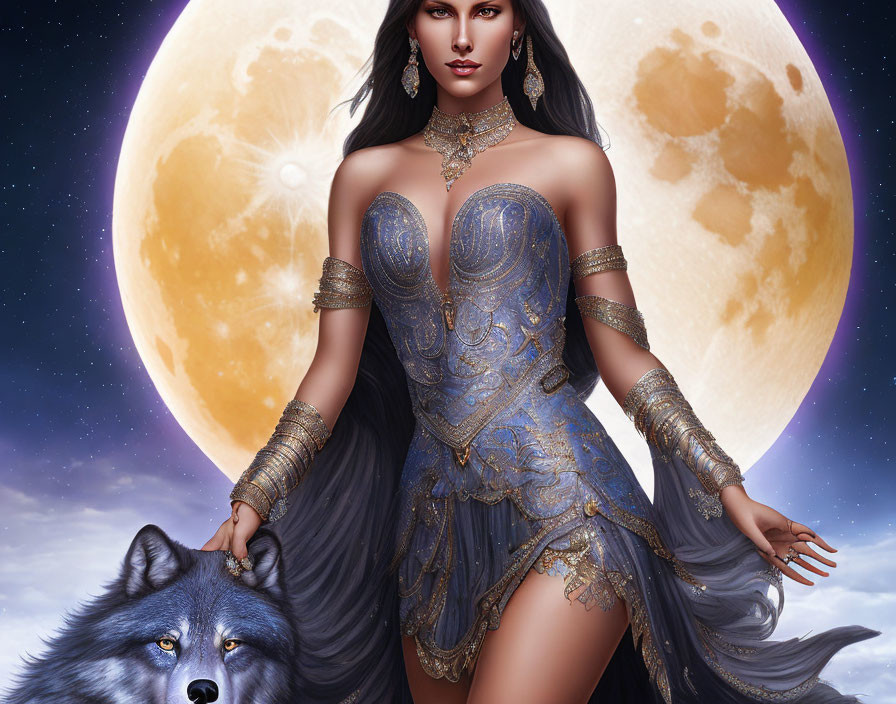 Fantasy digital artwork: Woman in blue dress with wolf under full moon