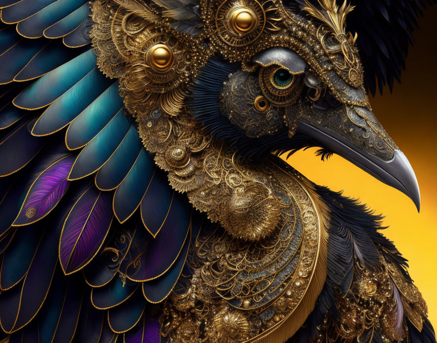 Intricate peacock feather and golden mechanical artwork close-up