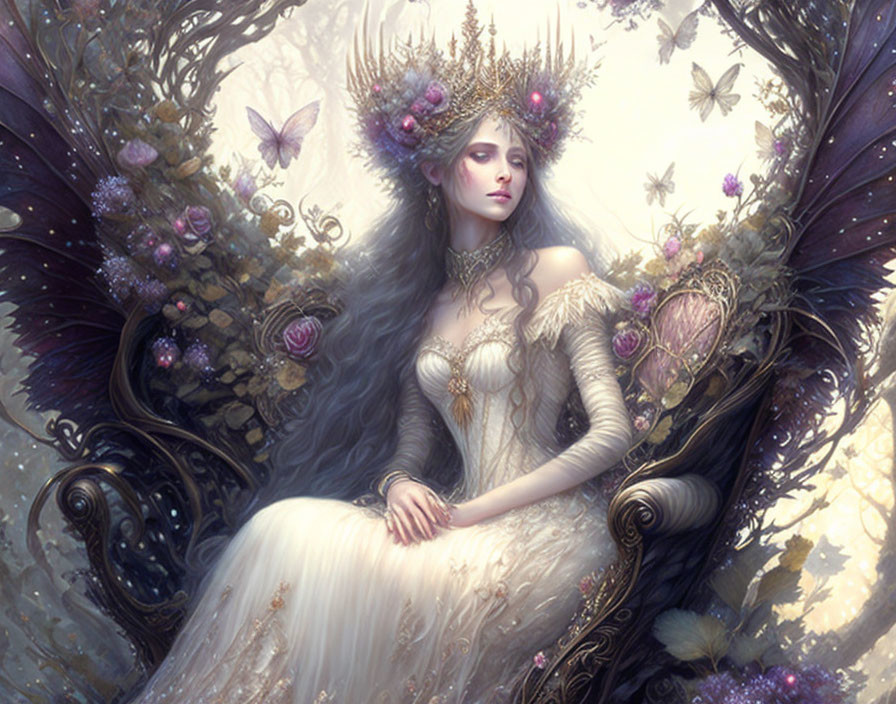 Whimsical artwork of regal woman in ornate dress with butterfly wings.