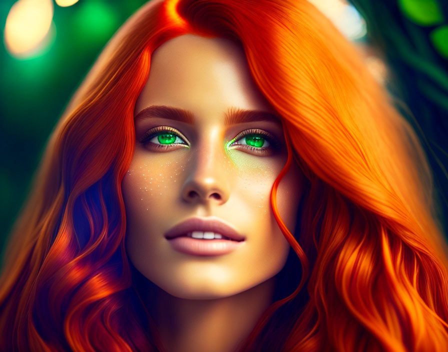 Vibrant red-haired woman digital art with green eyes and freckles