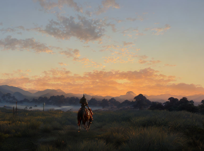 Knight on Horseback Riding Through Tranquil Sunrise Field