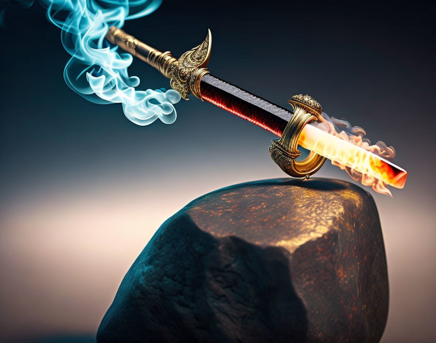 Mystical sword with glowing blue blade on rock against dark backdrop