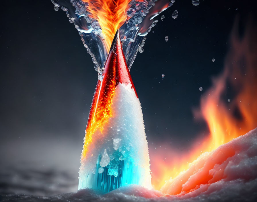 Fiery explosion on icy cone against snowy backdrop