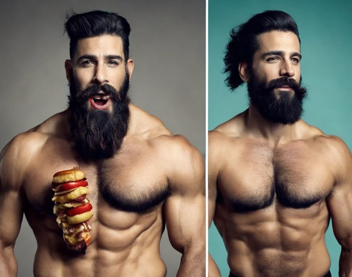 Muscular man with thick beard holding sandwich and looking aside.