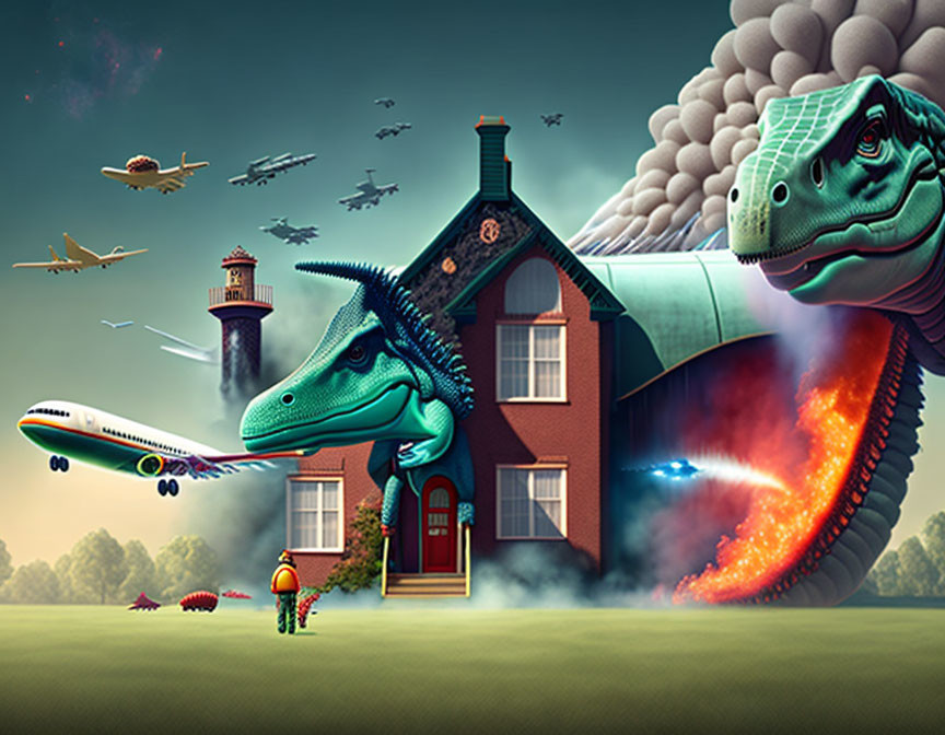 Surreal image: house with dinosaur, astronaut, aircraft, lighthouse in whimsical setting