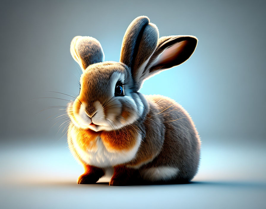 Realistic brown and white rabbit illustration on blue-gray background