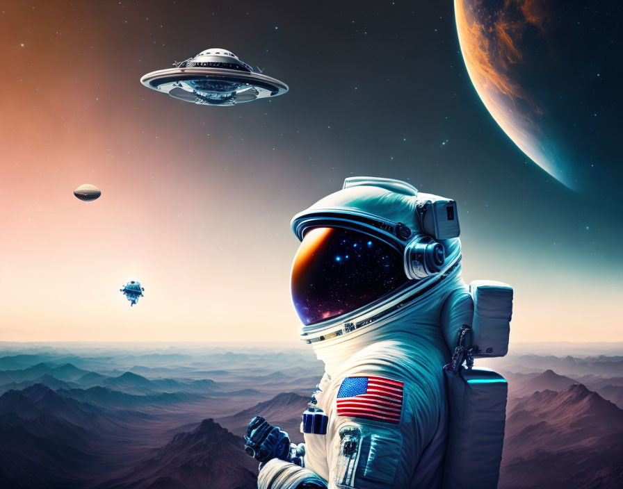 Astronaut on rocky alien planet gazes at distant UFO amid star-filled sky