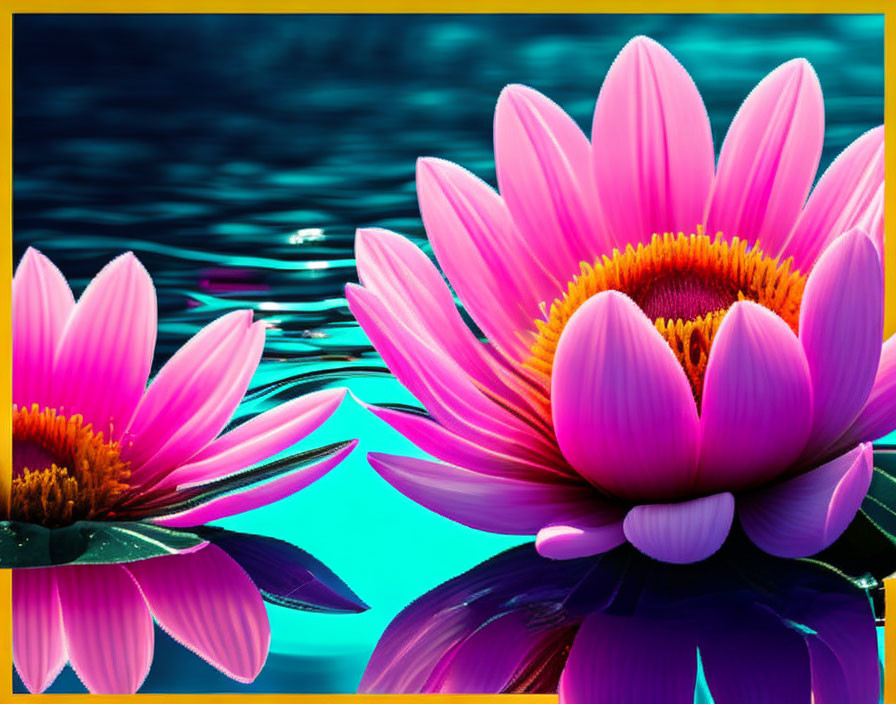 Vibrant Pink Lotus Flowers Blooming Over Turquoise Water