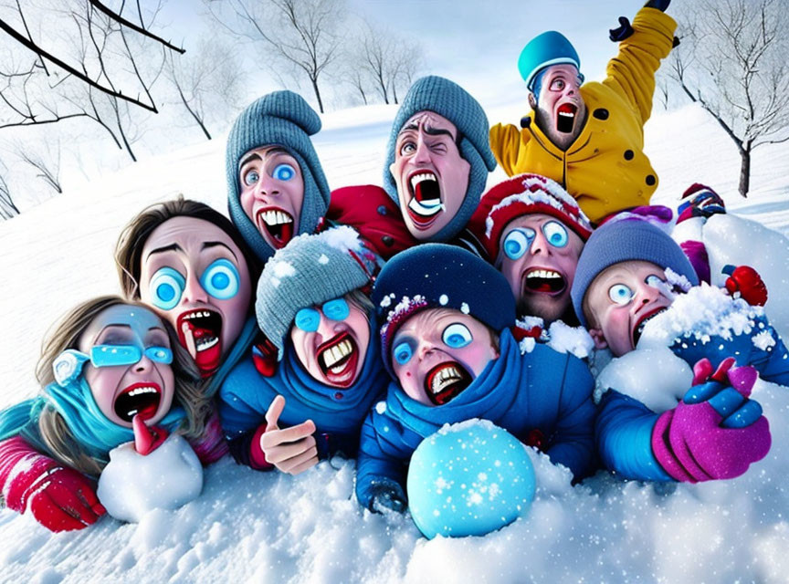 Exaggerated cartoon characters in winter attire playing in snowy scene