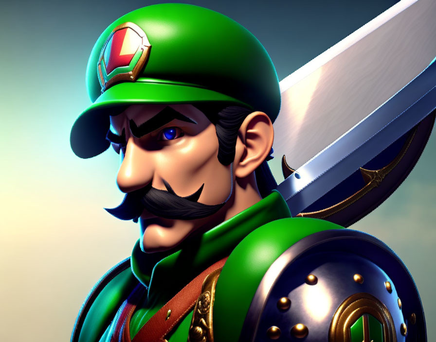 Detailed Close-Up of Heroic Luigi with Mustache and Sword