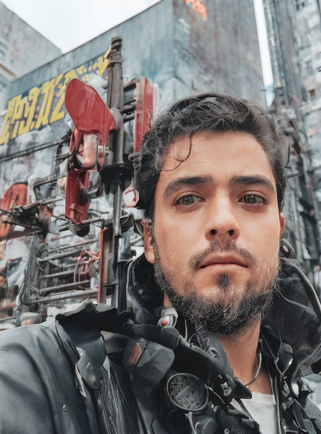 Young man with stubble taking a selfie in urban setting with weathered wall and Asian characters.