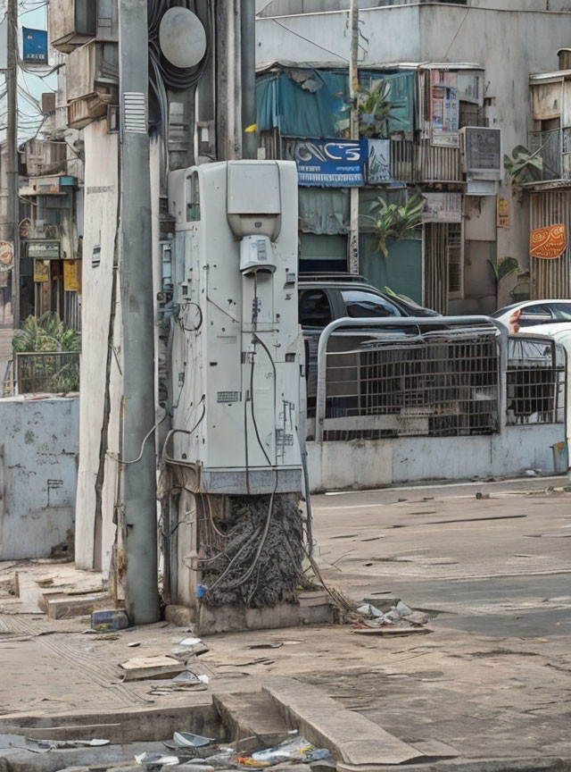 Urban scene with tree roots around utility box and debris, buildings in background