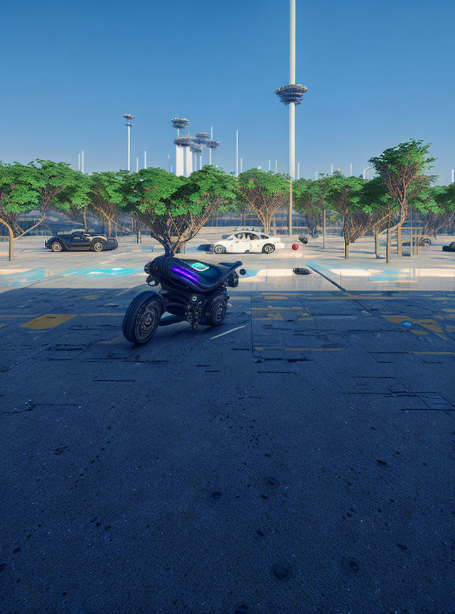 Quad bike parked in sunny parking lot with trees and light towers