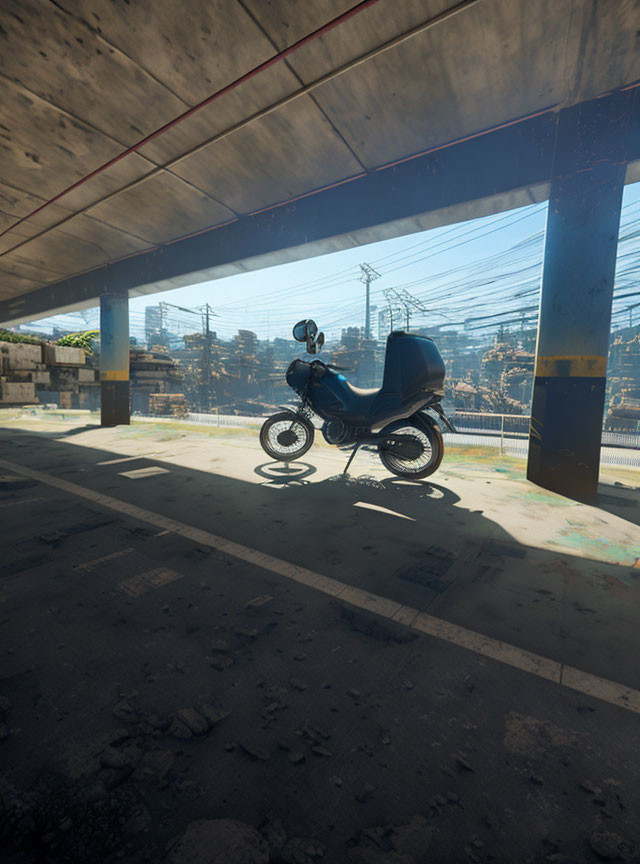 Motorcycle parked under overpass with cityscape backdrop and sunlight shadows